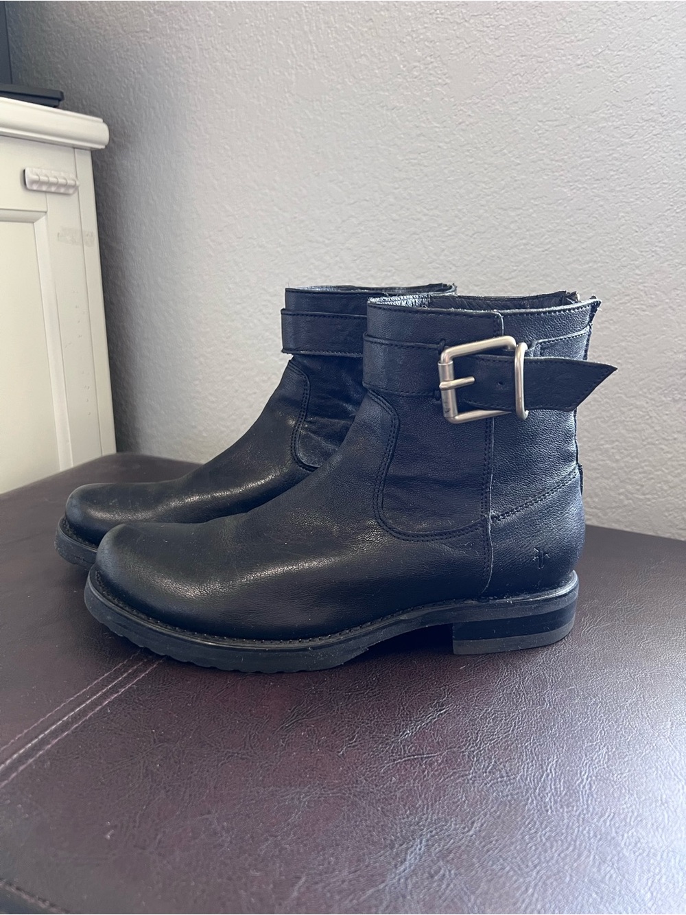 Women's FRYE Black Leather Ankle Boots with Buckle Strap